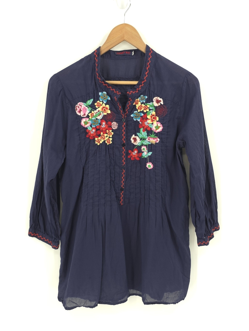 Johnny Was Embroidered Floral Pintuck Tunic Top 100% Cotton Boho Peasant Navy